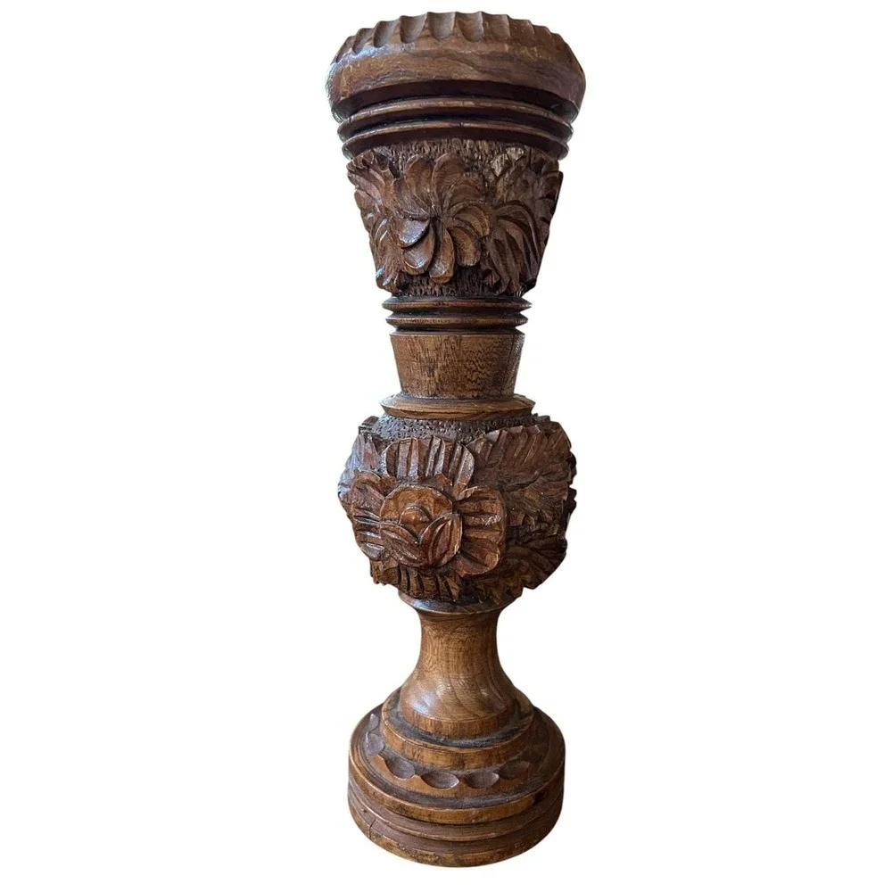 Hand Carved Floral Wooden Vase Rustic Artisan Decorative‎ Wood Sculpture Vessel